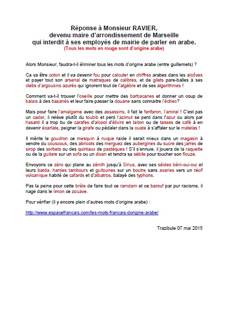 Une pamphlet suite à la décision d`un élu du Front National voulant interdire l`arabe dans sa mairie.