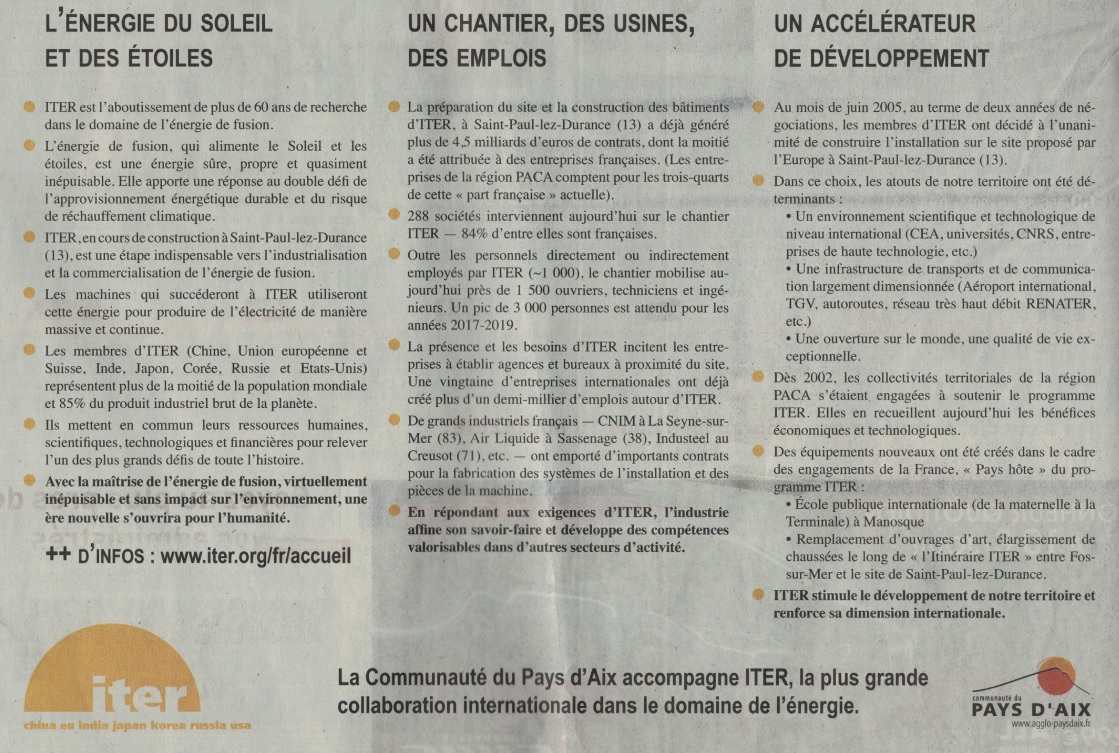 Texte de la publicité pour ITER