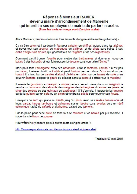 Une pamphlet suite à la décision d`un élu du Front National voulant interdire l`arabe dans sa mairie.