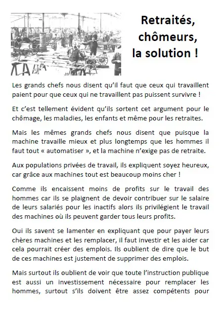 Un tract donnant une solution pour sauver nos systèmes de retraites.